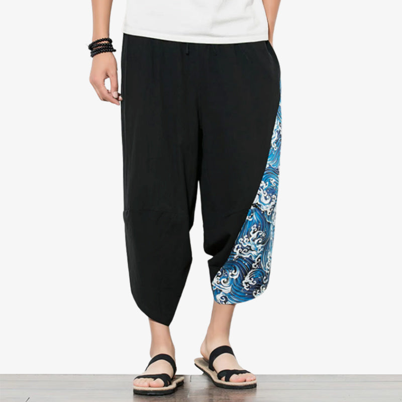This black Japanese wave pants with flowing designs inspired by classic Japanese wave patterns for a cultural statement.