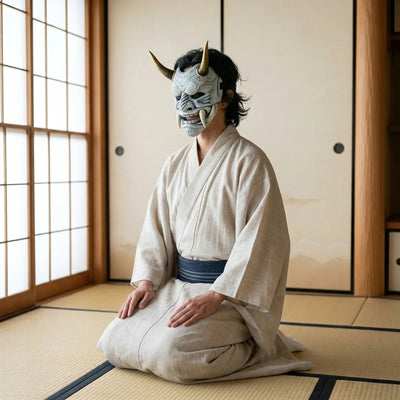 Japanese white demon mask seen in three-quarter view, worn kneeling on tatami in an ecru kimono
