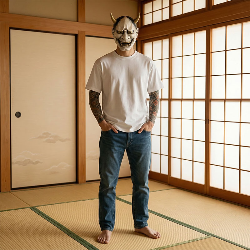 Person wearing a white japanese white t-shirt and blue jeans standing in a traditional Japanese room with shoji screens.
