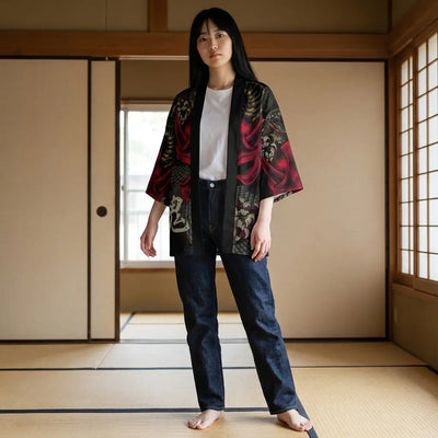 Woman wearing a yokai kimono in a washitsu room with tatami and shoji screens