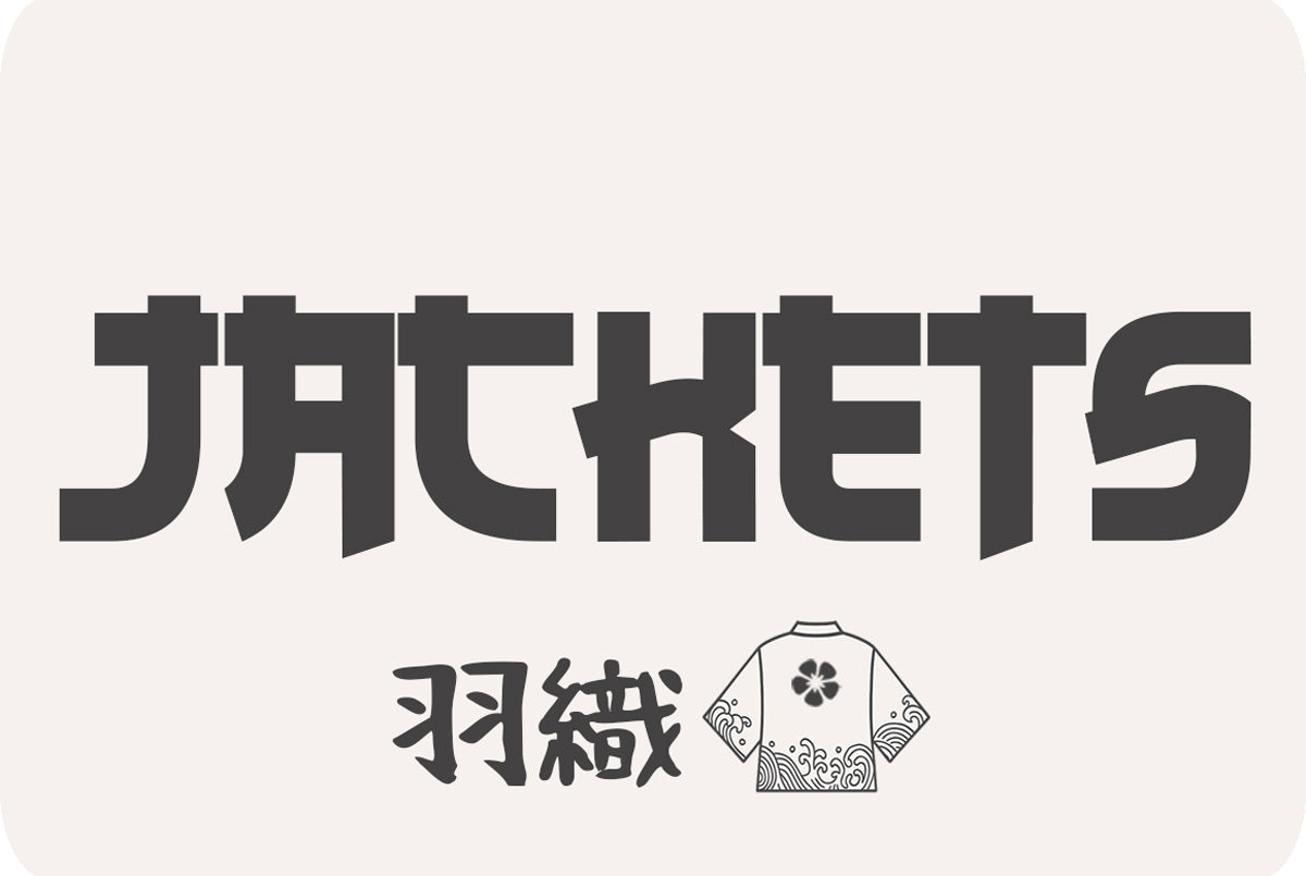 Logo with the text 'Jackets' and a stylized japanese women kimono jacket  design on a white background