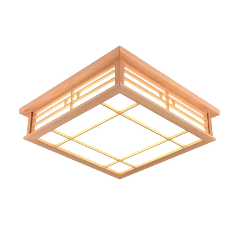 japanese wood ceiling lamp fixture with geometric design on a white background