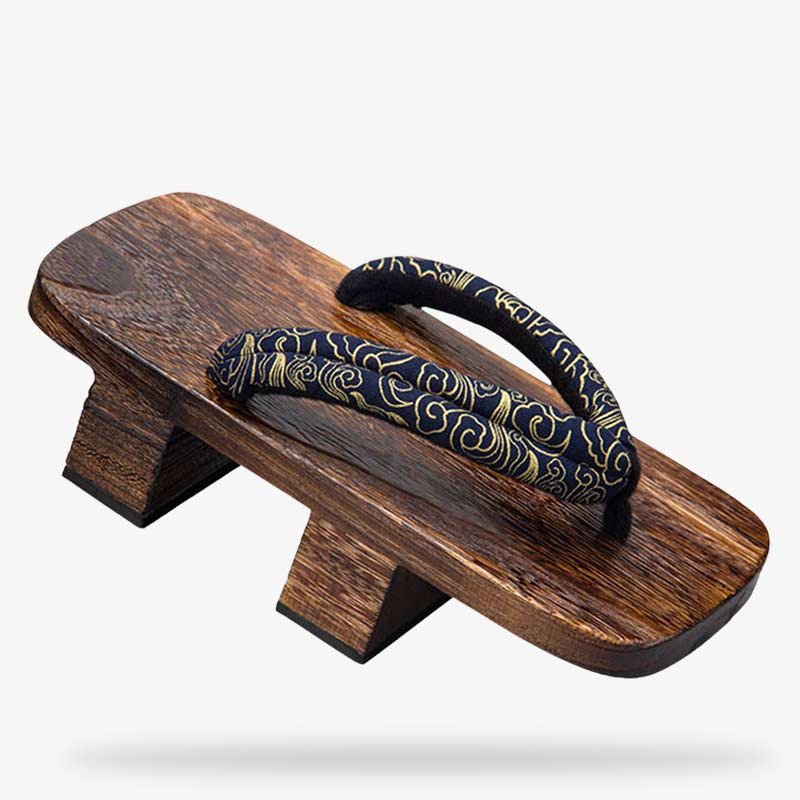 Traditional Japanese Wooden Geta Sandals, featuring carved wooden soles and fabric thongs, ideal for cultural festivals