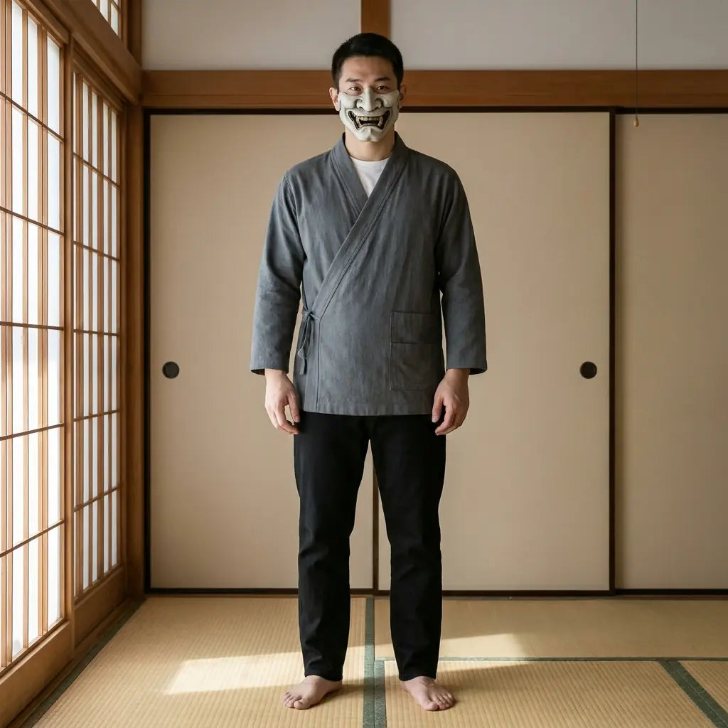 Man wearing a traditional japanese samue in a traditional Japanese washitsu room, front view