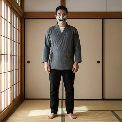 Man wearing a traditional japanese samue in a traditional Japanese washitsu room, front view