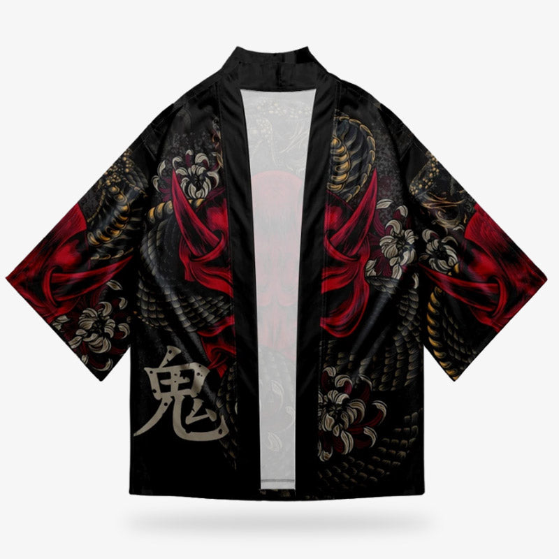 This Japanese yokai kimono showcasing classic spirit oni, kanji and lycoris radiata designs printed. This haori jacket is ideal for cosplay or cultural events.
