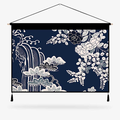 This large Japanese Zen painting depicts nature and Japanese flowers.