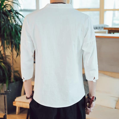 A man dressed with an indoor japanese zen shirt outfit