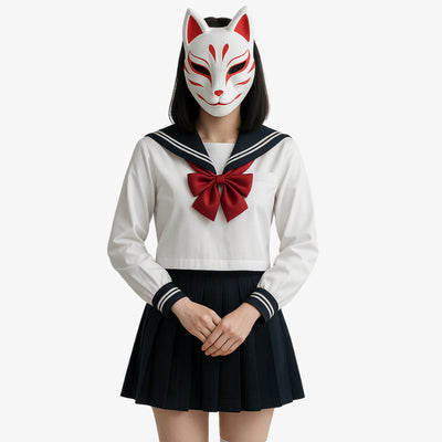 A person wearing a Japanese schoolgirl uniform, featuring a white shirt with a red ribbon, a black skirt, and a mask with red markings on the face.