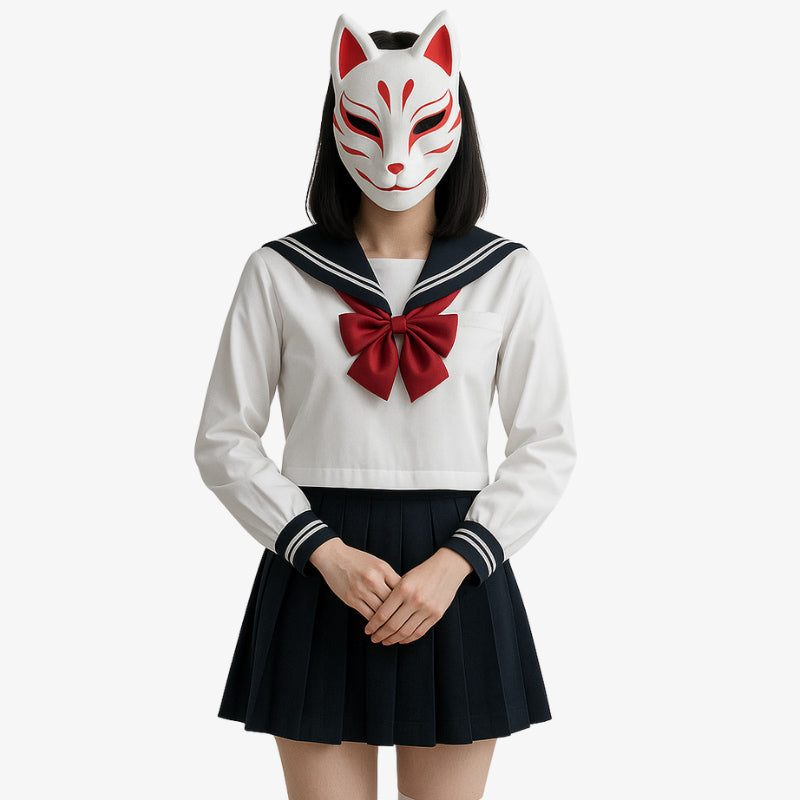 A person wearing a Japanese schoolgirl uniform, featuring a white shirt with a red ribbon, a black skirt, and a mask with red markings on the face.