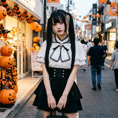 Jirai kei dress set worn on a Tokyo street at Halloween, carved pumpkins and orange lanterns behind