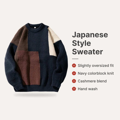 Japanese Style Sweater : Slightly oversized fit, Navy colorblock design, Soft cashmere polyester blend, Ribbed crewneck and cuffs