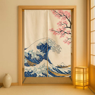 Decorative kanagawa curtain noren door with wave and cherry blossom design in a room with a vase and lamp.