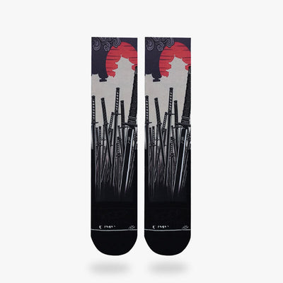 Katana socks are printed with the sumbols of Japanese swords. The fabric is cotton and the print design is a Japanese manga drawing.