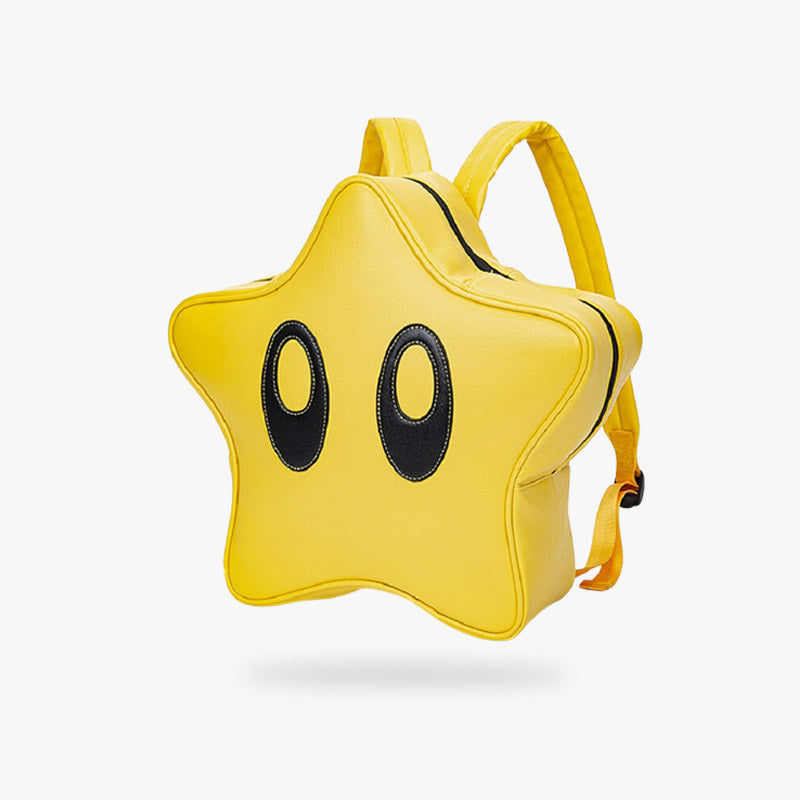 A Kawaii backpack in the shape of a magic star, yellow in color and made of leather.