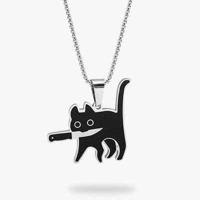 A kawaii necklace with a kawaii black cat holding a knife