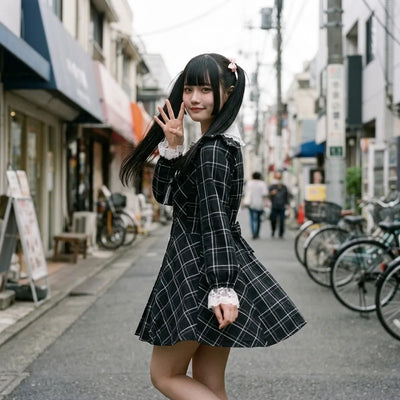 Kawaii plaid dress seen three quarters, the lace collar and the heart buttons in daylight