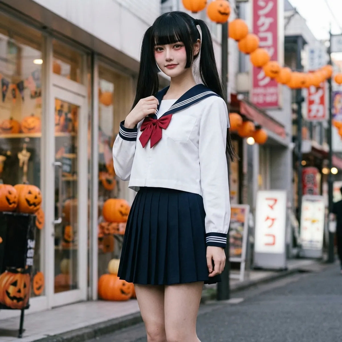 Model posing in the full white and navy sailor uniform with red bow