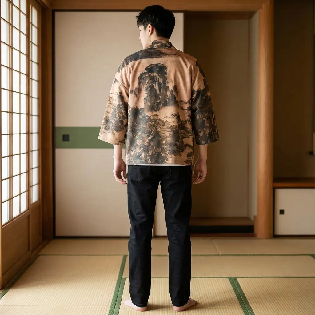 Back view of a streetwear kimono in a washitsu room, showing the full back design