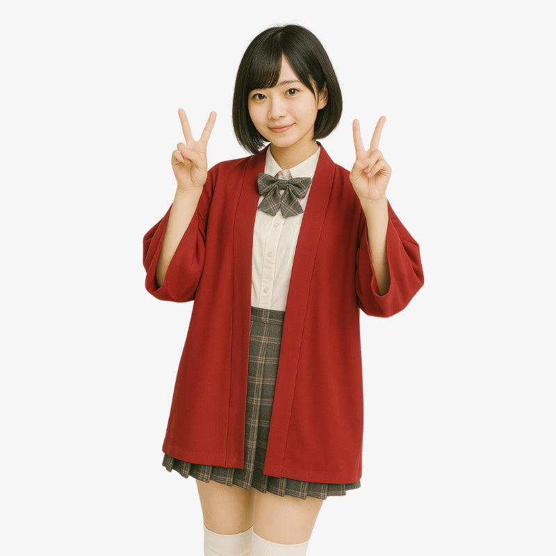 A girl in a red blazer Kimono cardigan for Women and a plaid skirt making peace signs on a white background