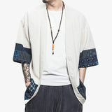 This men's Japanese garment is a kimono cardigan short with three-quarter length printed sleeves. The upper part of the haori jacket is white. The kimono jacket is made from high-quality cotton and linen.