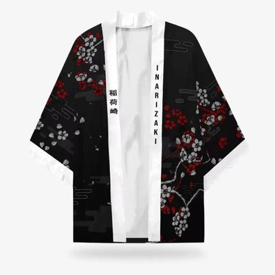 Kimono fox laid flat, front view with the open collar and sakura print