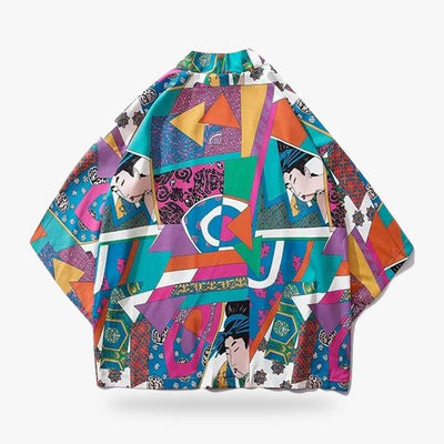 The kimono colorful is perfect for making a statement, combining bold colors with classic Japanese designs. The japanese kimono jacket is printed with ukiyo-art geisha and geometric symbols