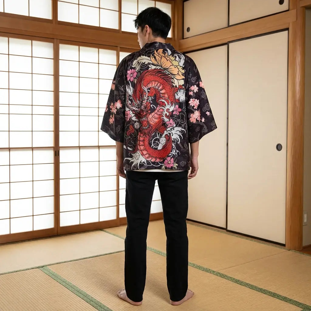 Back view of a dragon kimono in a washitsu room, showing the full back design