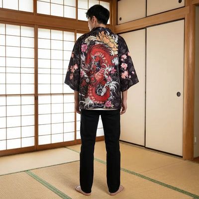 Back view of a dragon kimono in a washitsu room, showing the full back design