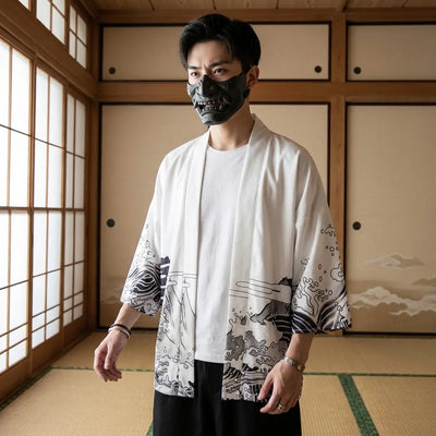 Man wearing a kimono dragon in a Japanese washitsu room with shoji screens, waist-up front view
