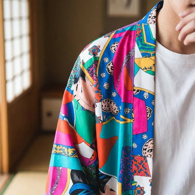 Close-up of the printed fabric and sleeve of a ukiyo-e kimono