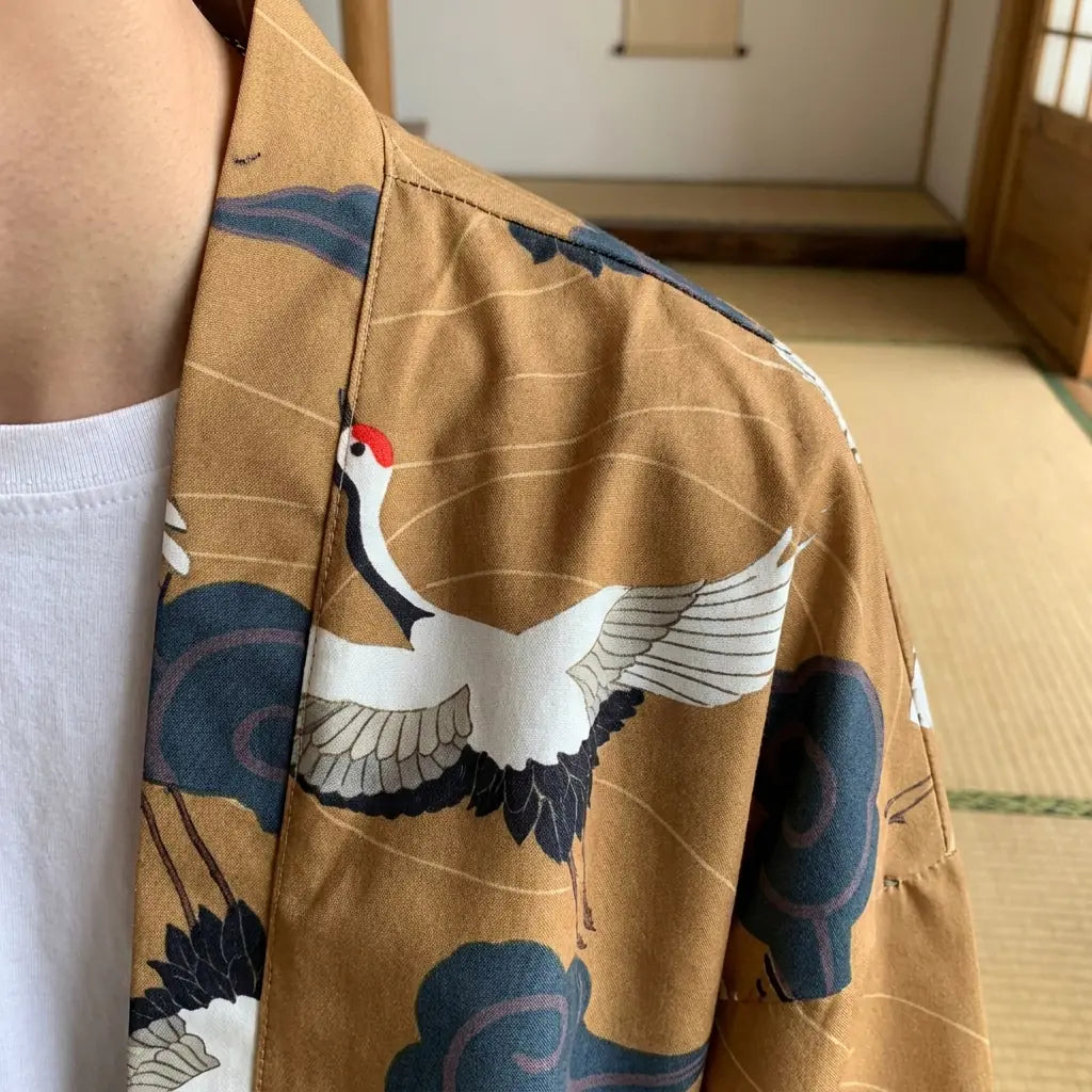 Close-up of the printed fabric and sleeve of a haori yukata