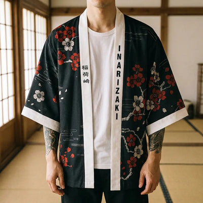 Close-up of the printed fabric and sleeve of a kimono fox