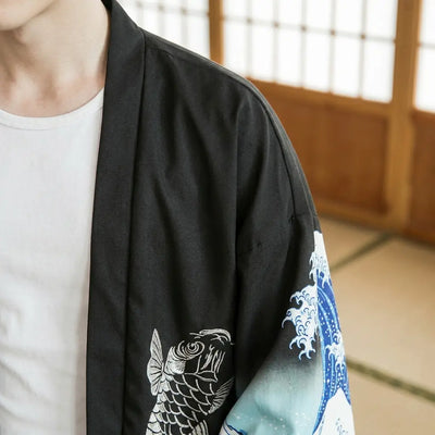 Close-up of the printed fabric and sleeve of a haori design