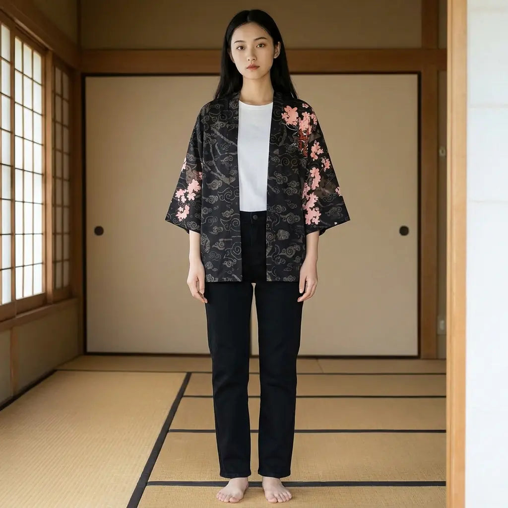 Woman wearing a dragon kimono in a washitsu room with tatami and shoji screens