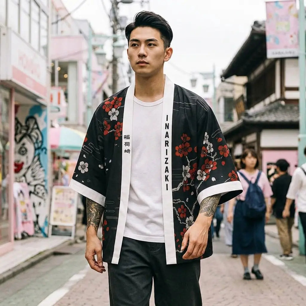 Man wearing a kimono fox in a Harajuku street in Tokyo, front view