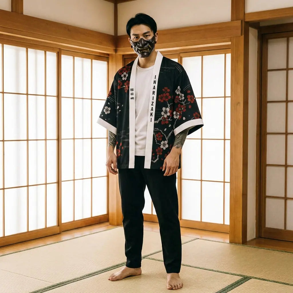Man wearing a kimono fox in a traditional Japanese washitsu room, front view