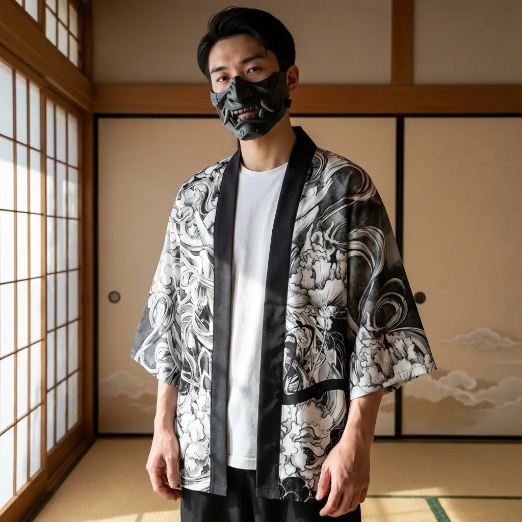 Man wearing a kimono haori in a Japanese washitsu room with shoji screens, waist-up front view