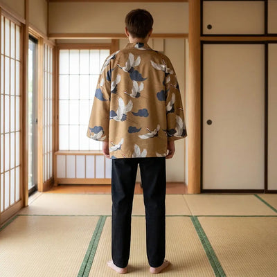 Back view of a haori yukata in a washitsu room, showing the full back design