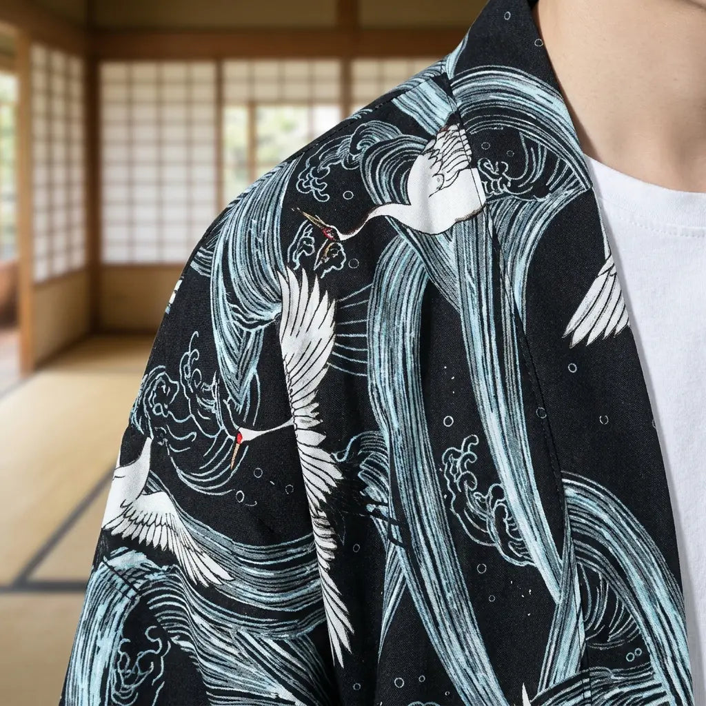 Close-up of the back embroidery of a kimono style mens jacket