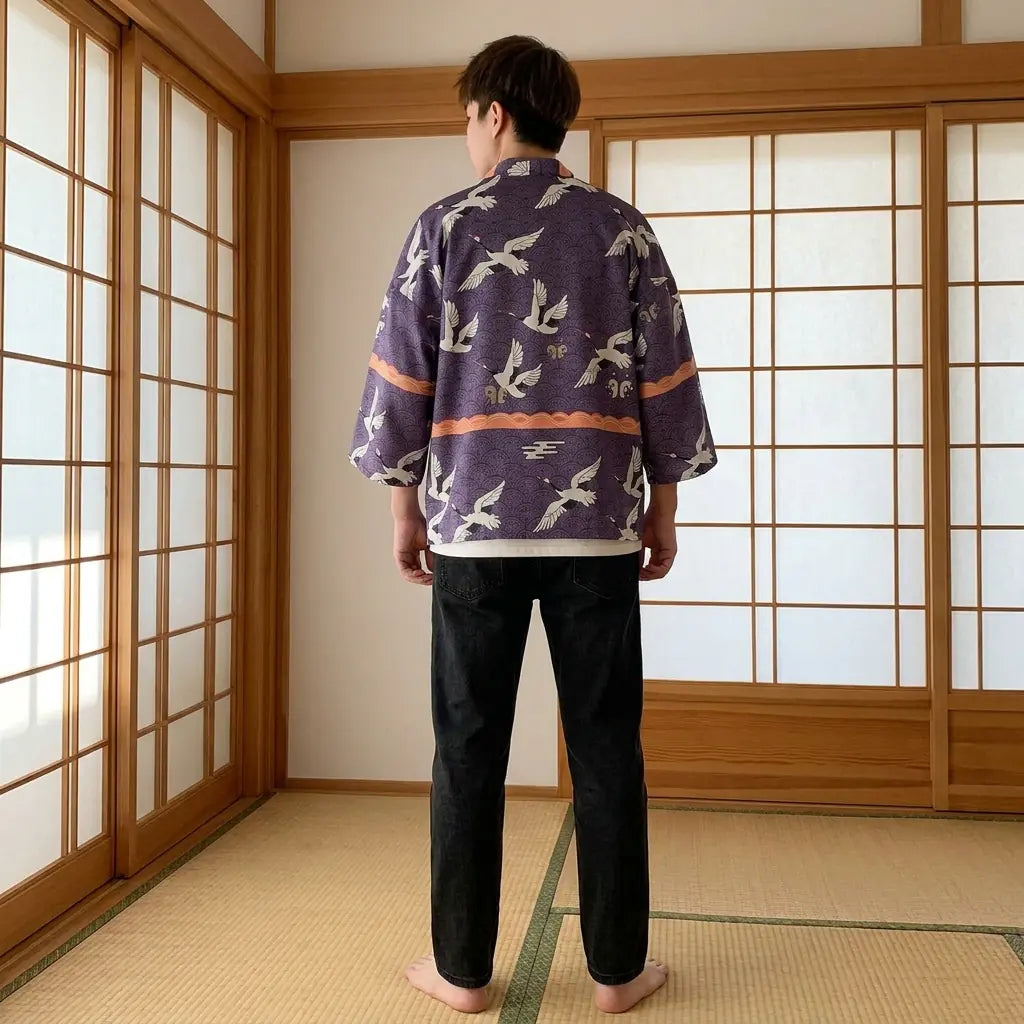 Back view of a haori tokyo in a washitsu room, showing the full back design