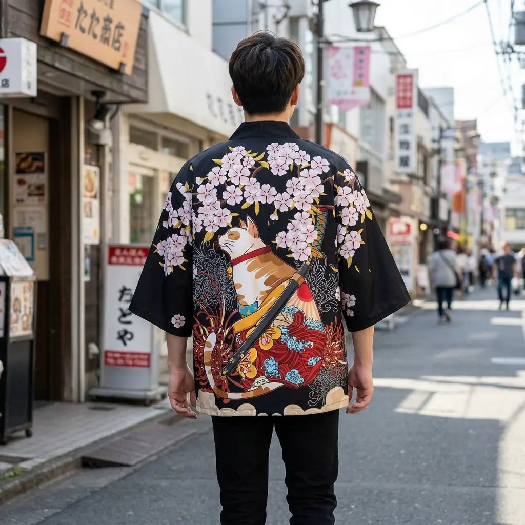Back view of a kimono jacket haori worn in a Harajuku street, showing the full print