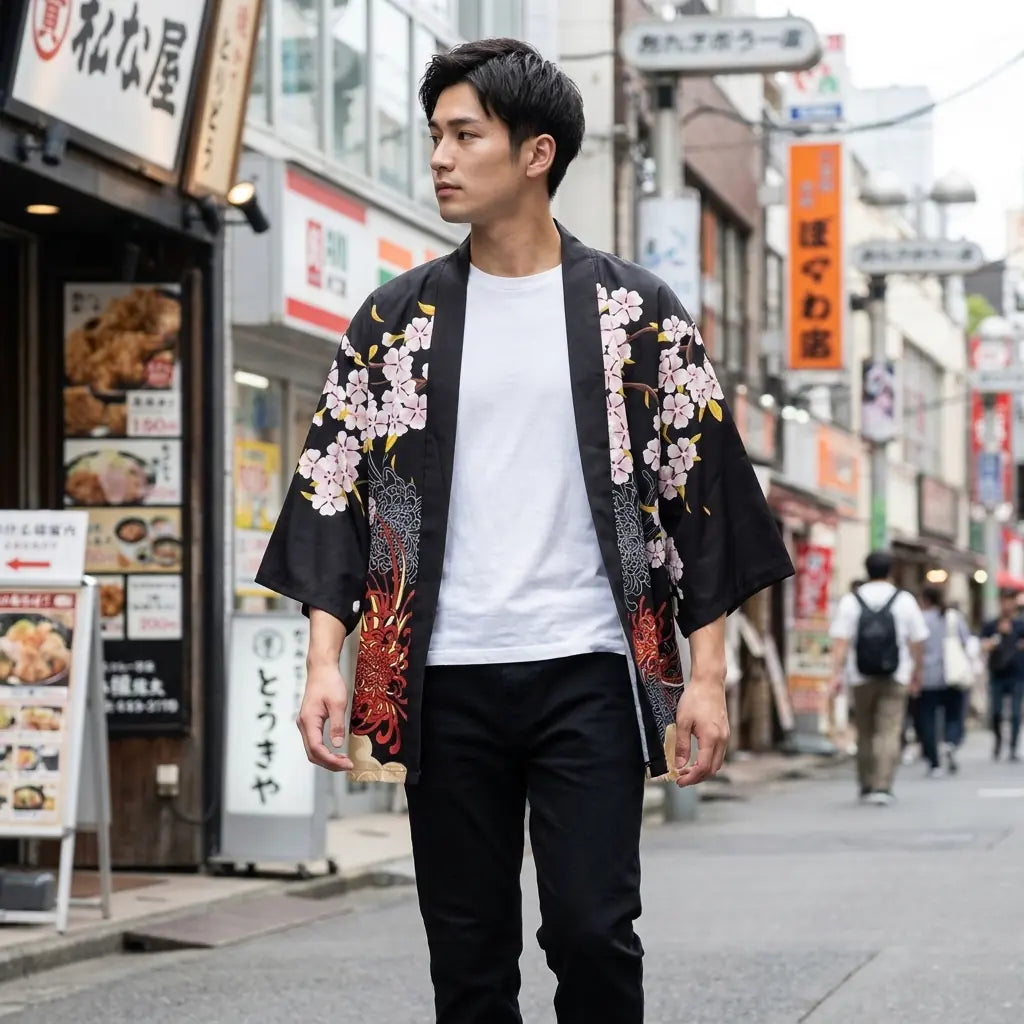 Man wearing a kimono jacket haori in a Harajuku street in Tokyo, front view