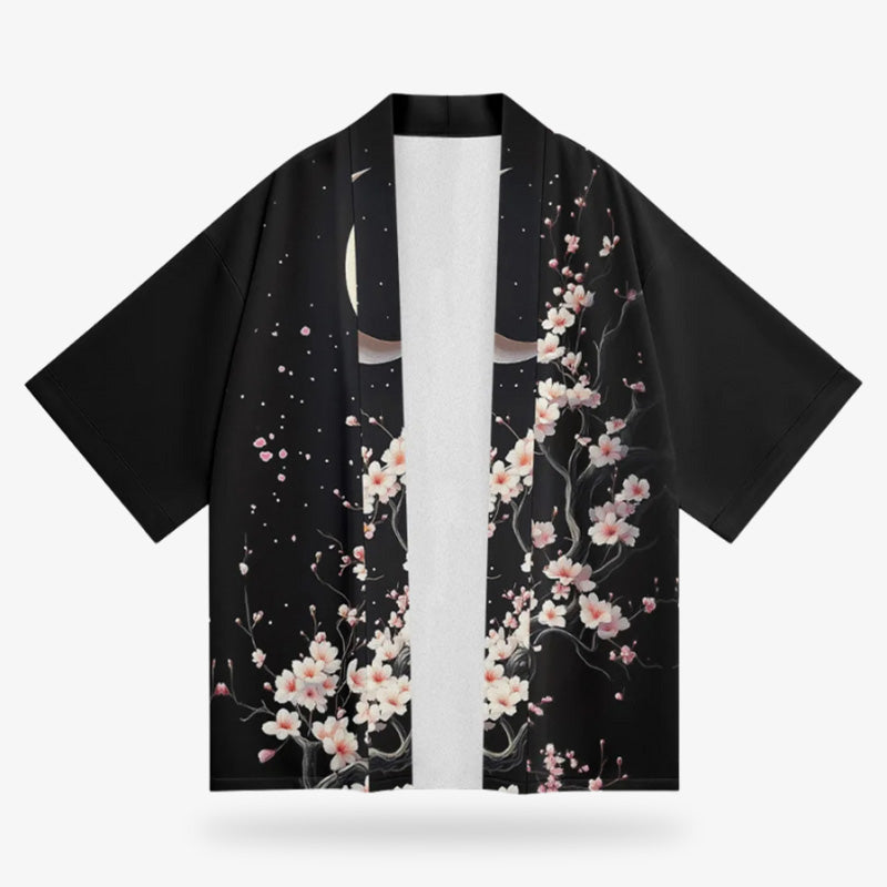 a black Kimono jacket with white sakura flowes and amoon motif with a serene design, ideal for modern fashion with cultural roots.