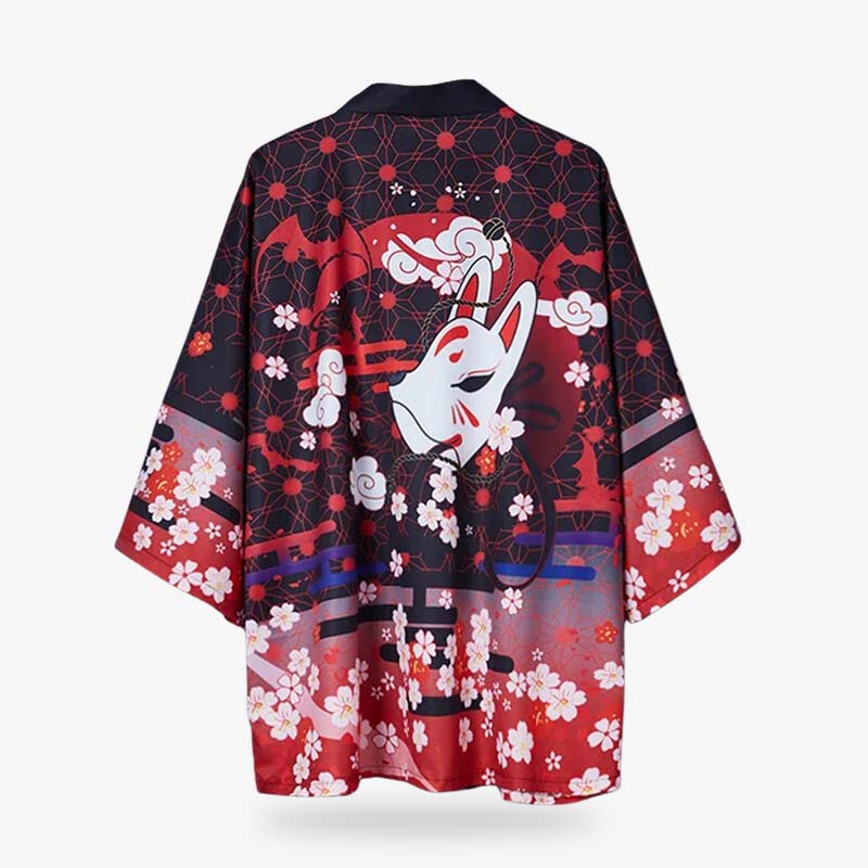 This black kimono jacket plus size features an elegant print of a Japanese Kitsune mask, sakura flowers, and the traditional diamond pattern (菱形)