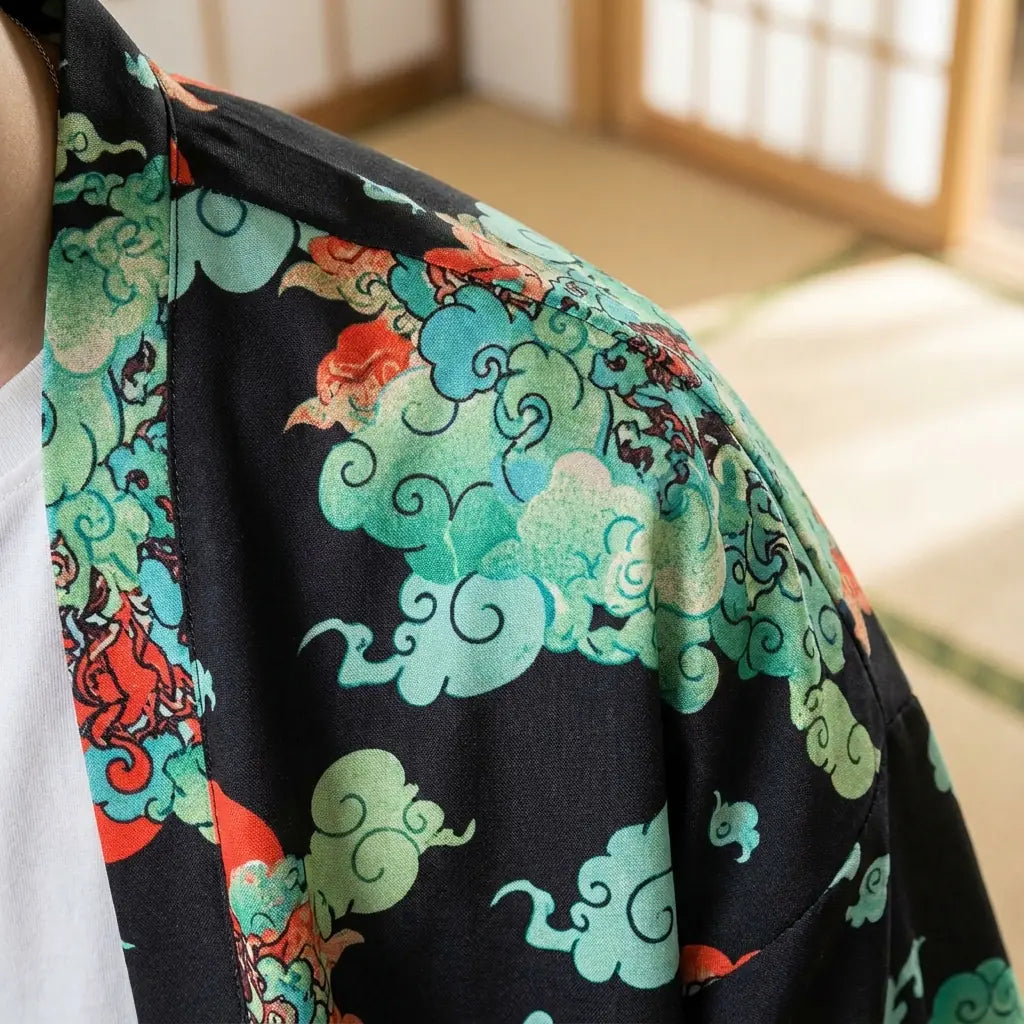 Close-up of the printed fabric and sleeve of a haori streetwear