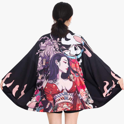 The kimono jacket women blends traditional Japanese design with contemporary fashion, perfect for adding an elegant touch to any outfit. The girl is dressed with black japanese jacket made with polyester material