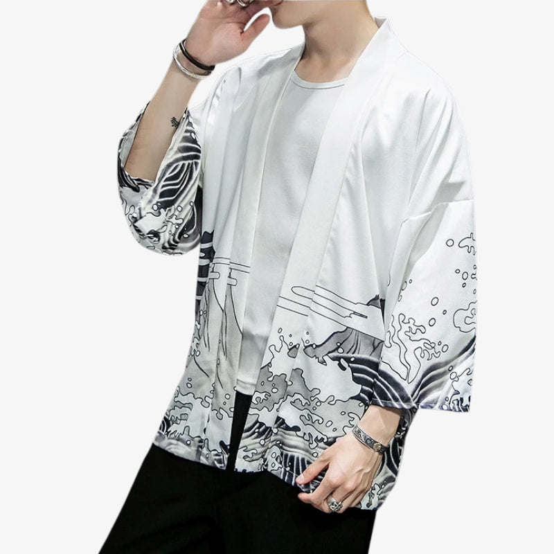 Person wearing a white  Kimono Japan dragon motif celebrating Japanese mythology with refined embroidery and traditional garment structure style jacket with black and gray patterns on a white background