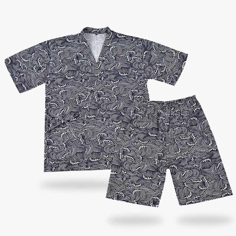 The kimono jinbei is a Japanese pyjama top and shorts. The patterns printed on the cotton fabric are inspired by Japanese wave symbols. It's a traditional Japanese summer garment.