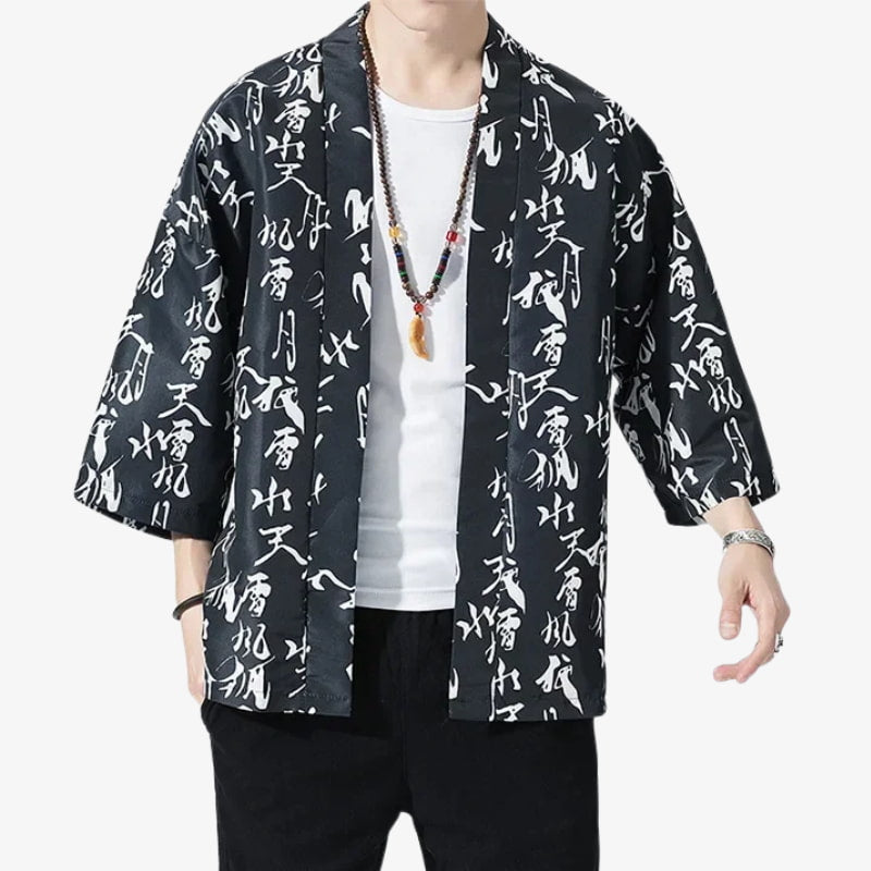 Person wearing a black kimono Kanji  with white text japanese patterns on a white background